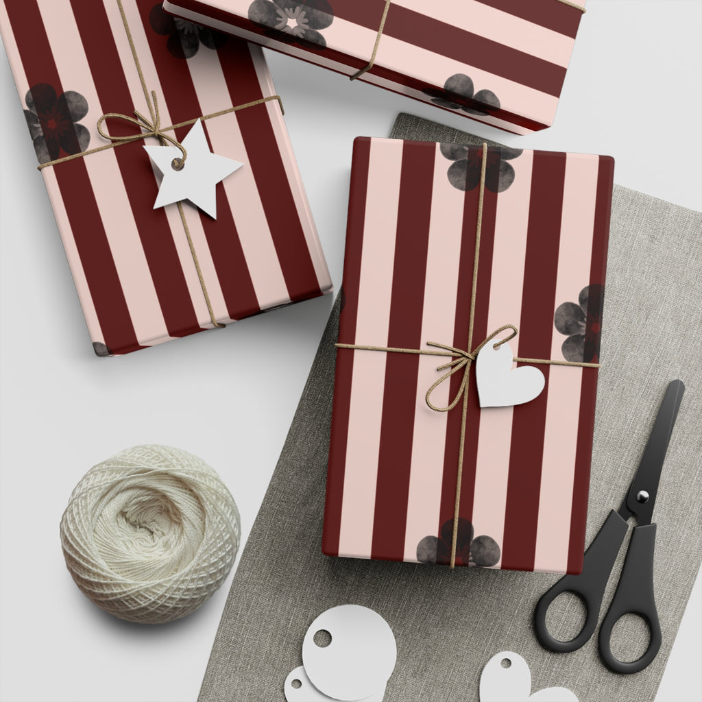 Dark Rose Floral Stripes Gift Wrapping Sheet – Illustrated Gift Wrap by Designbyree ✨